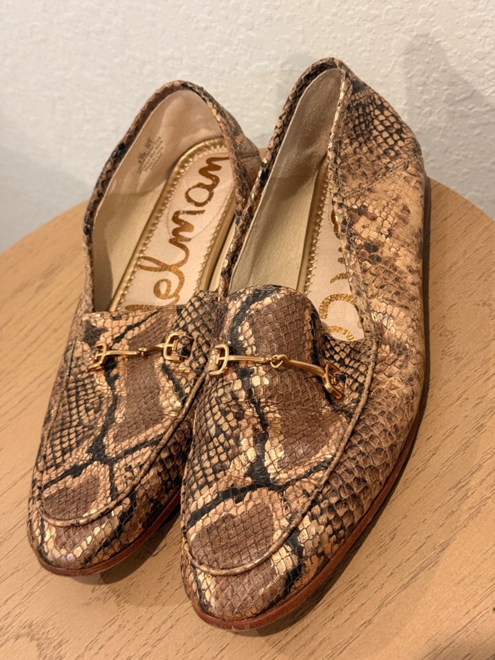Sam Edelman Tan Brown Snake-Print Loafers with Gold Bit